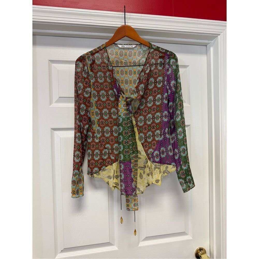 Zara Sheer Patchwork Boho Tie Neck Beaded Blouse sz XS NWOT